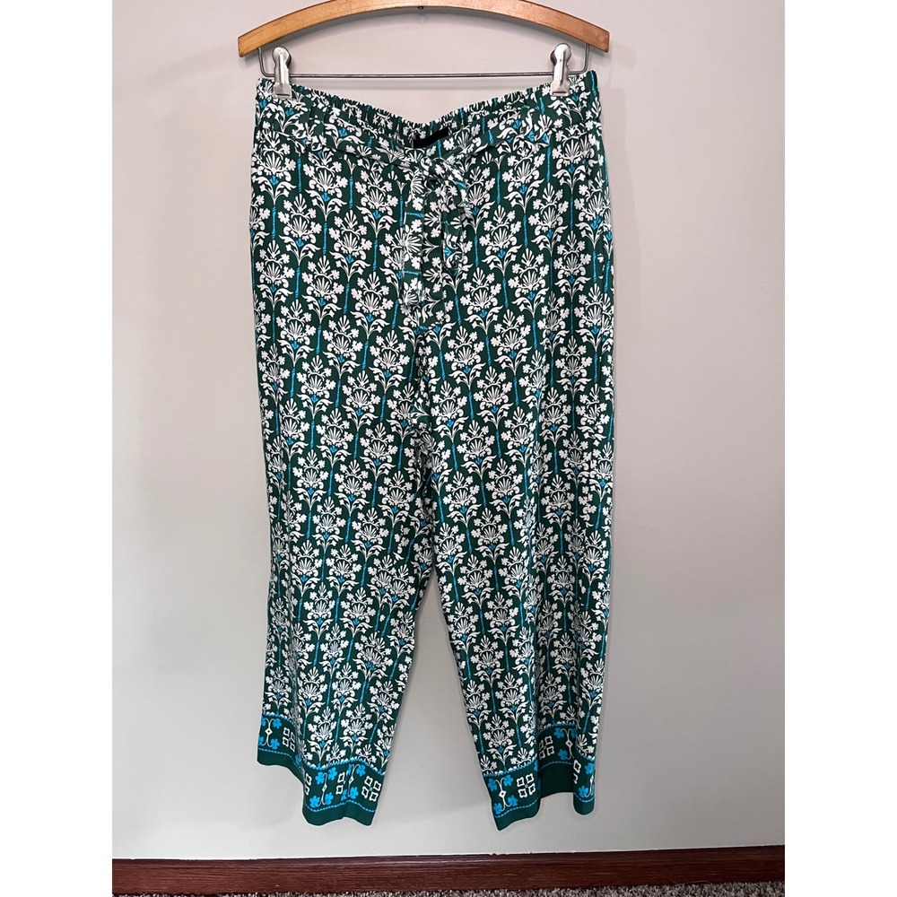 Talbots Green Floral Damask Wide Leg Crop Pants Petite Medium MP Drawstring Eco